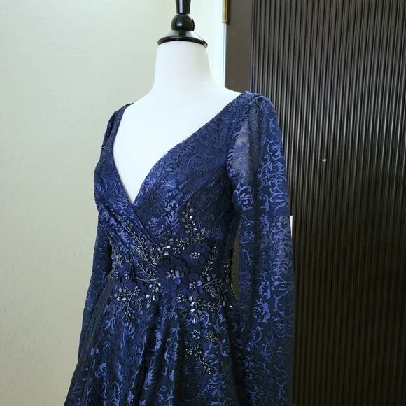 Mac Duggal 112181 Navy Blue 4 Floral Long Sleeve Midi Tea V Formal Gown Dress - Picture 5 of 11